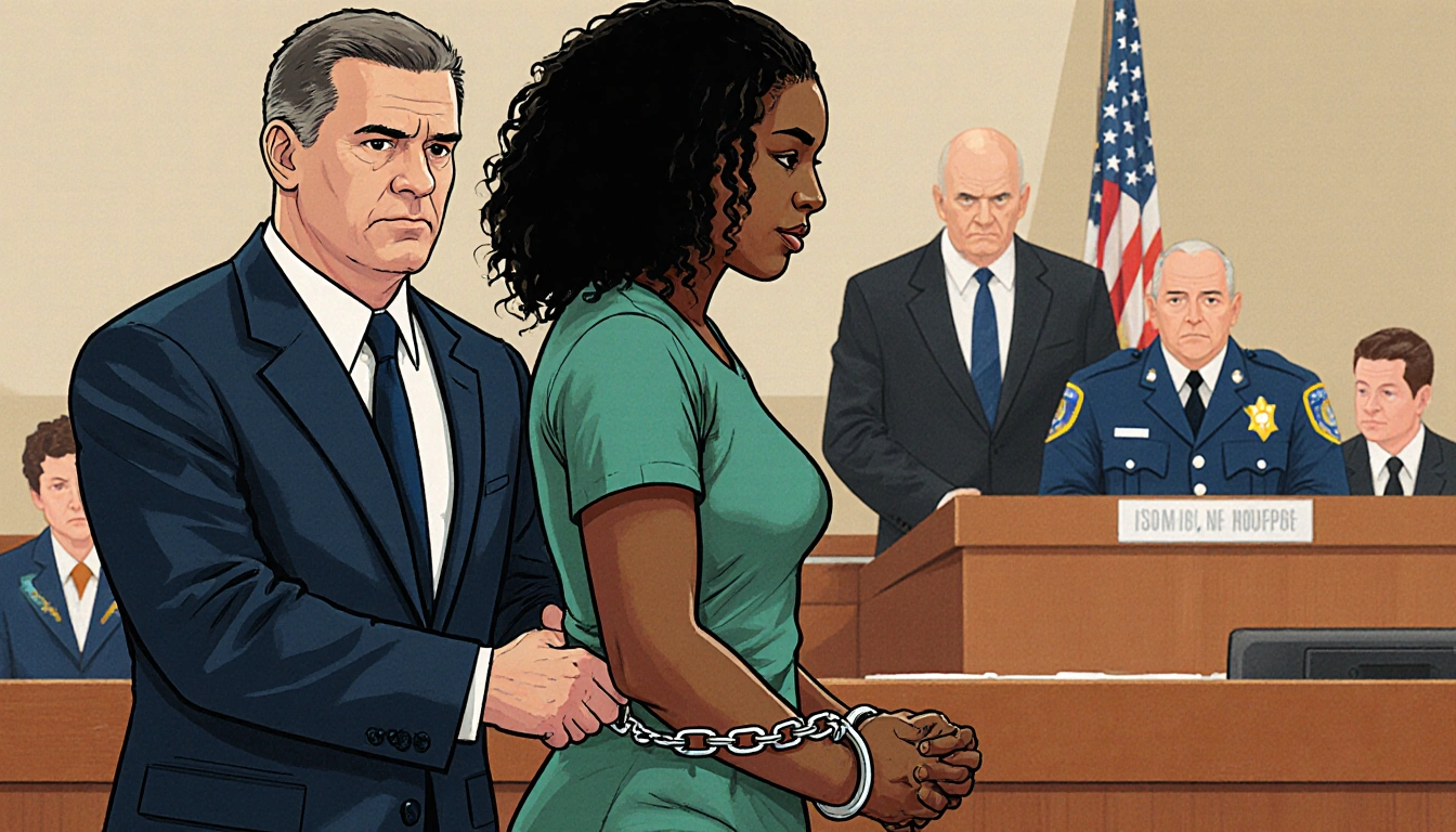 Woman being led in handcuffs by officers with stern district attorney behind her and muted courtroom in background