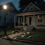 Streetlight illuminates a shattered menorah with scattered prayer books on a quiet suburban street