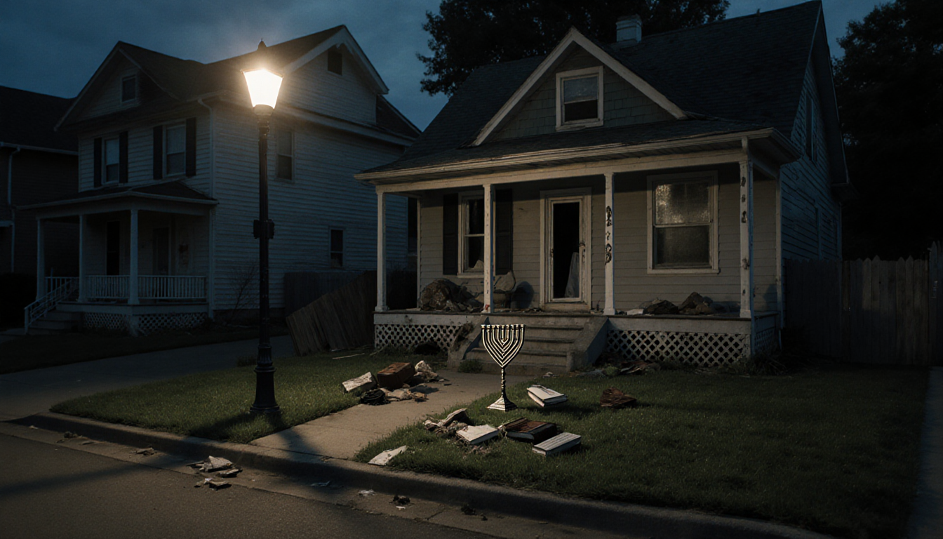 Streetlight illuminates a shattered menorah with scattered prayer books on a quiet suburban street