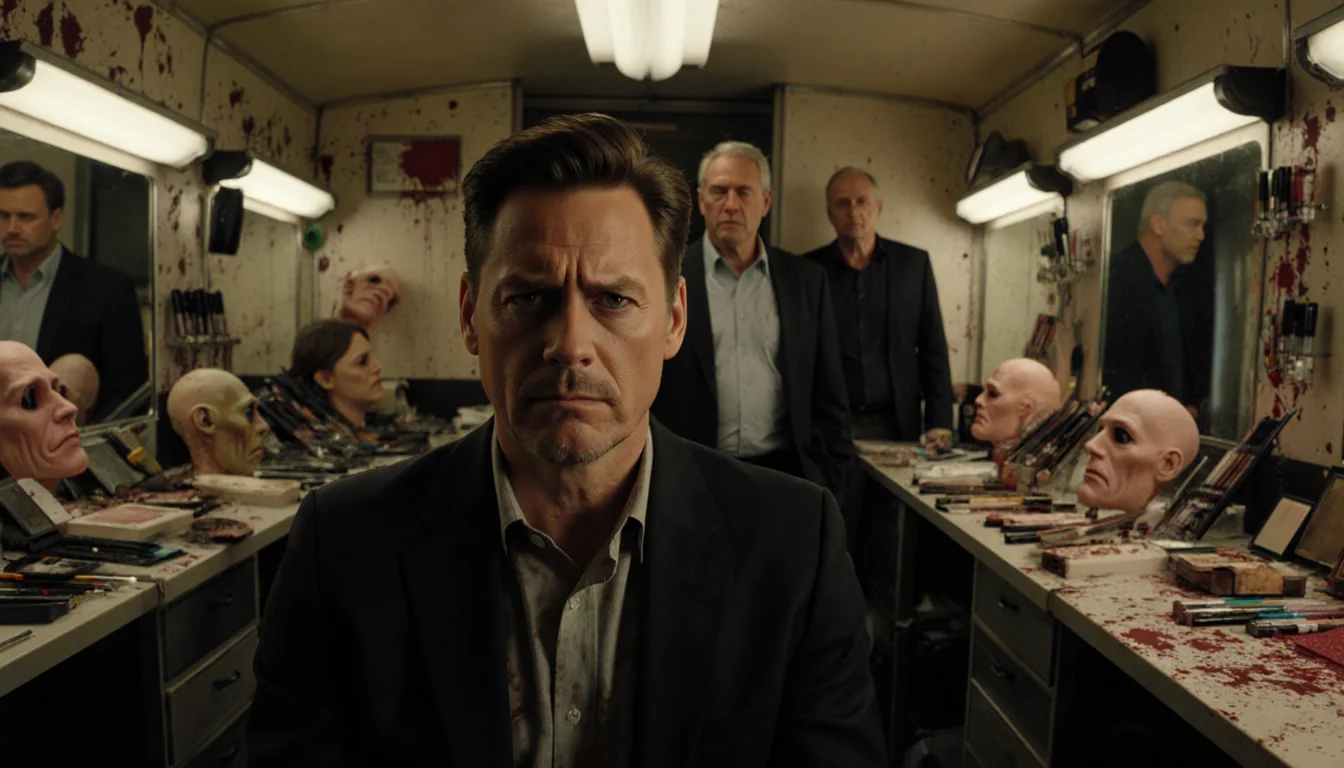 Jim Carrey sits frustrated in a cluttered trailer with Ron Howard and Brian Dennehy entering and makeup scattered behind.