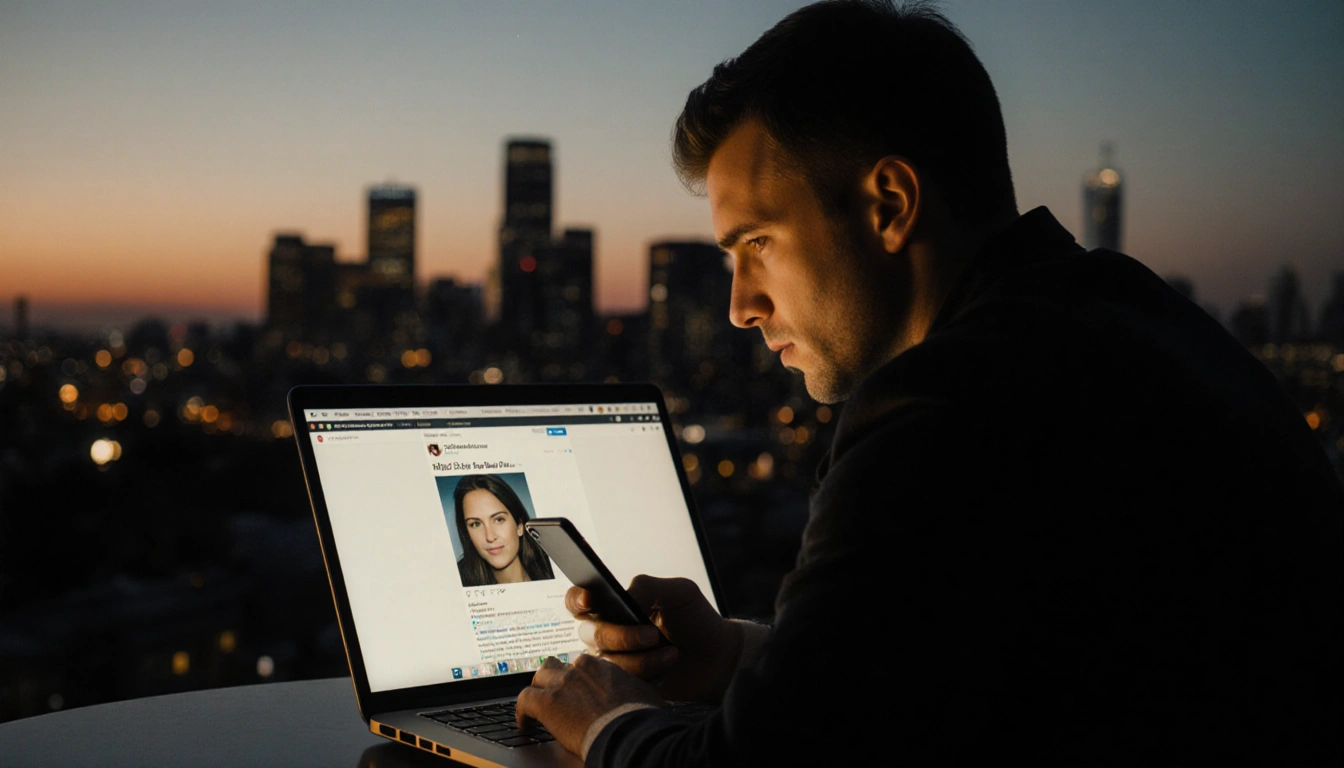Jimmy Fowlie sits against a dusk cityscape with phone showing an Instagram post about missing sister and a warm glow on face