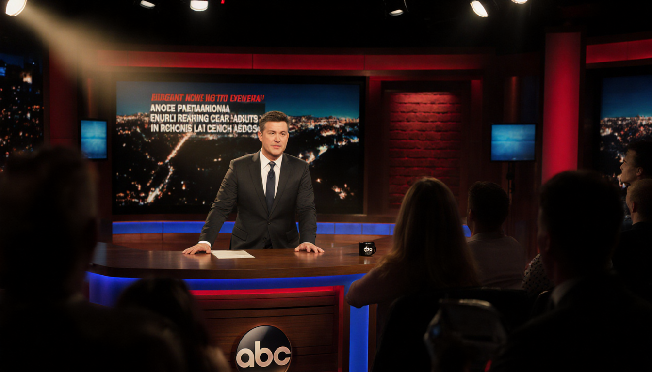 Jimmy Kimmel speaking confidently at his desk with the ABC logo behind him and a news ticker scrolling Trump criticism