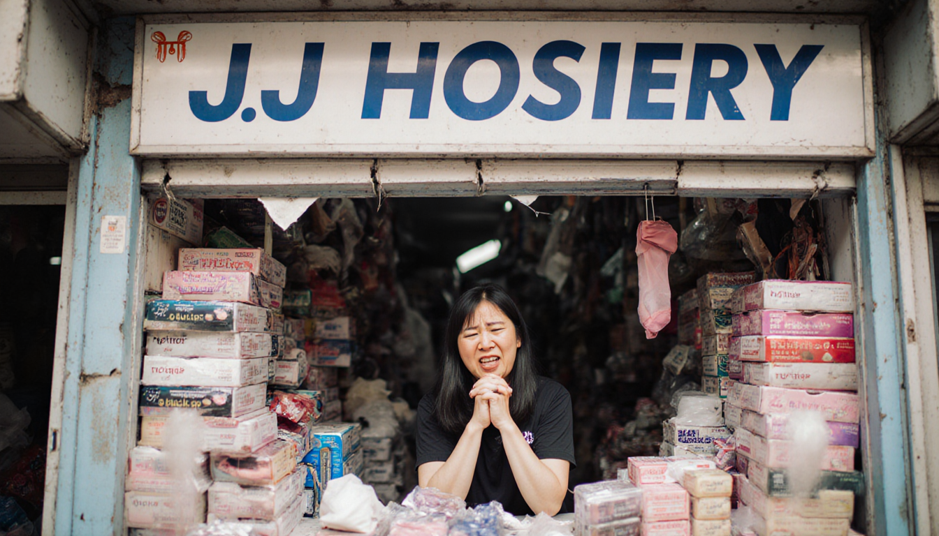 Stressed Heidie Kim stands behind the counter with the JJ Hosiery sign and stocking displays.