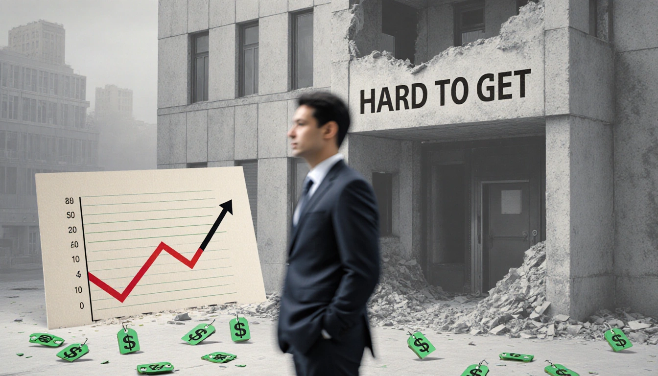 Blurred job seeker standing near gray office with 'Hard to Get' sign and rising inflation gauge and recession graph.