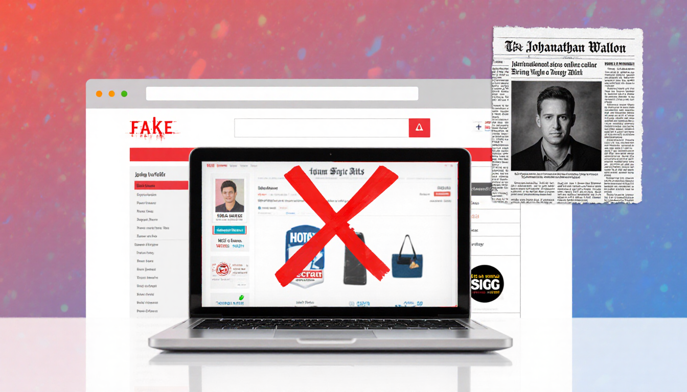 Laptop screen shows suspicious webpage with fake logos and red X warning with blurred scammer face behind.