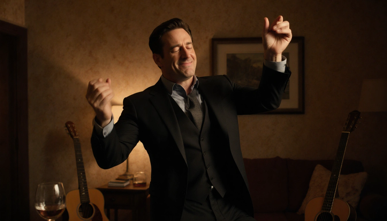 Jon Hamm dancing with eyes closed and one hand raised while holding a wine glass in a warm dim living room.
