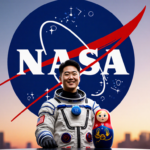 Jonny Kim stands triumphantly with a NASA logo and a Matryoshka doll beside him against a golden sky and blurred cityscape