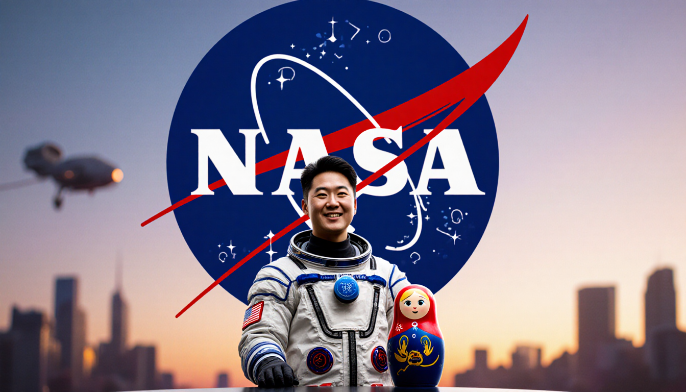 Jonny Kim stands triumphantly with a NASA logo and a Matryoshka doll beside him against a golden sky and blurred cityscape
