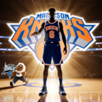 Josh Hart shooting basketball with Knicks logo glowing behind and Magic Man fleeing in background