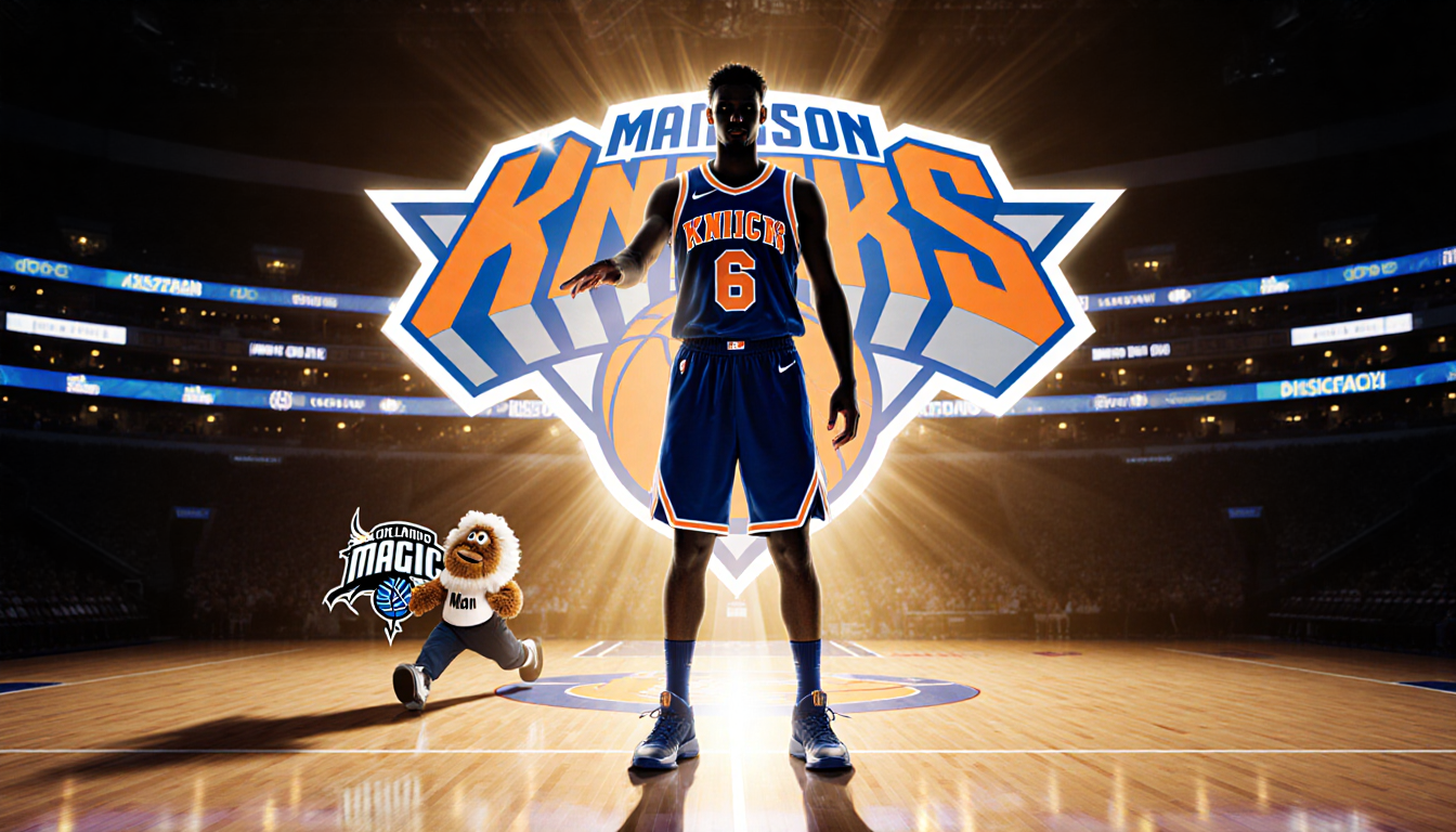 Josh Hart shooting basketball with Knicks logo glowing behind and Magic Man fleeing in background