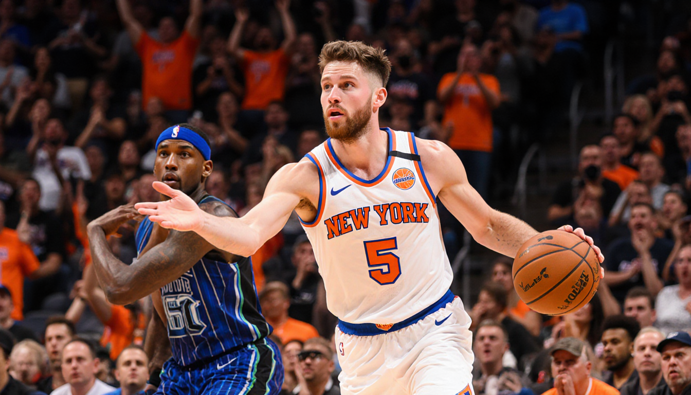 Josh Hart passes a ball to RJ Barrett with Knicks jersey #5 on a NBA semifinals court amid a blurred orange and blue crowd