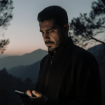 Jossimar standing alone with his phone glowing in his hand against a foggy forest at dusk and his face etched with concern