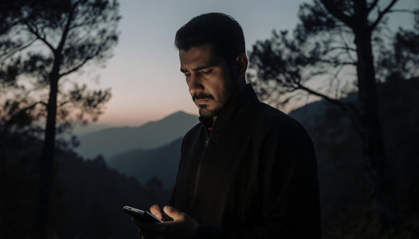Jossimar standing alone with his phone glowing in his hand against a foggy forest at dusk and his face etched with concern
