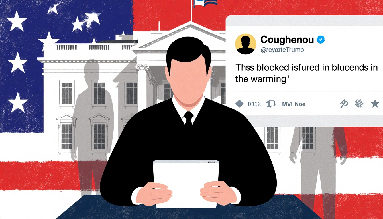 Judge holding tablet with blocked executive order with American flag backdrop and shadowy figure indicating intimidation