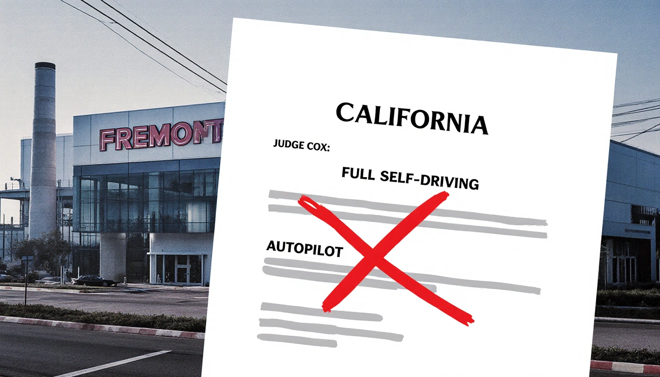 Judicial document issuing legal ruling marking Tesla Autopilot and Full Self‑Driving with red X and a bold border