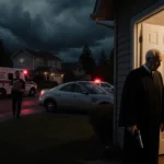 Elderly judge holds gun with door slightly open and faint light police car and ambulance parked nearby
