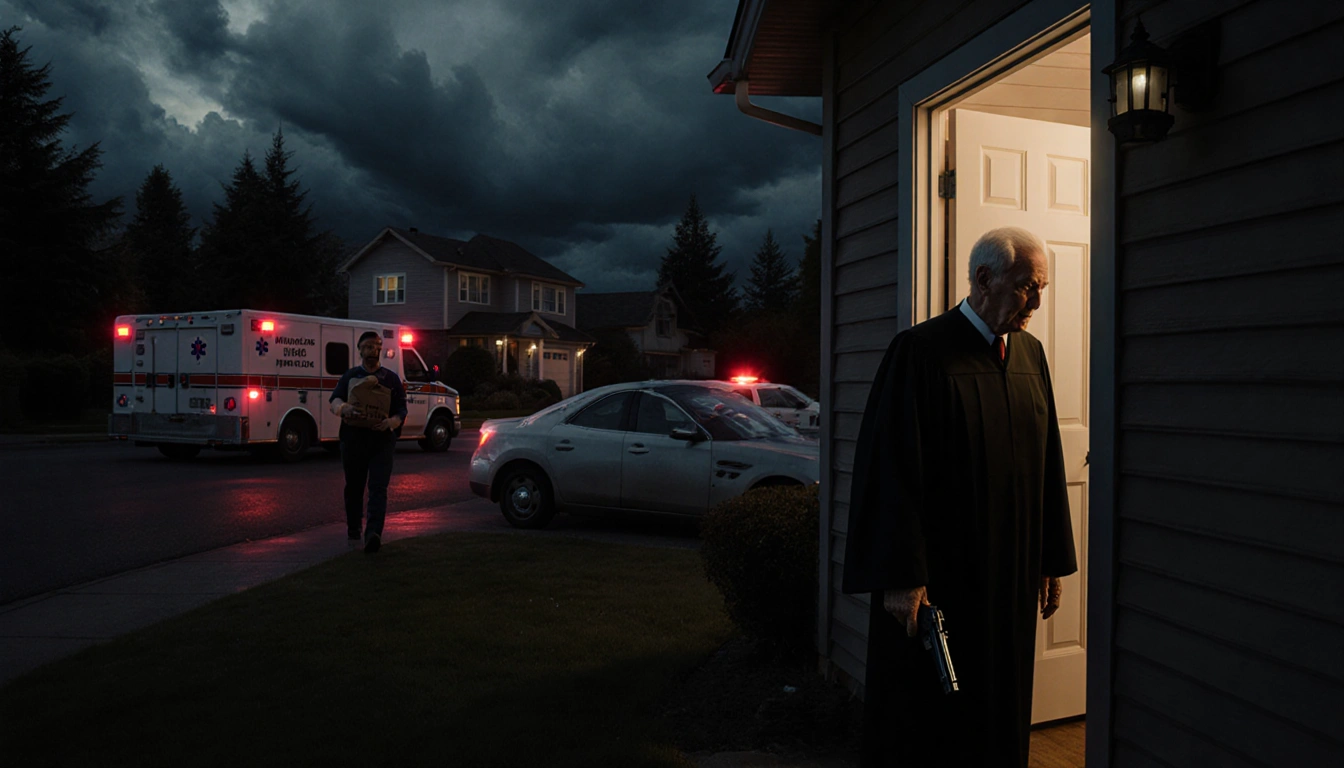 Elderly judge holds gun with door slightly open and faint light police car and ambulance parked nearby