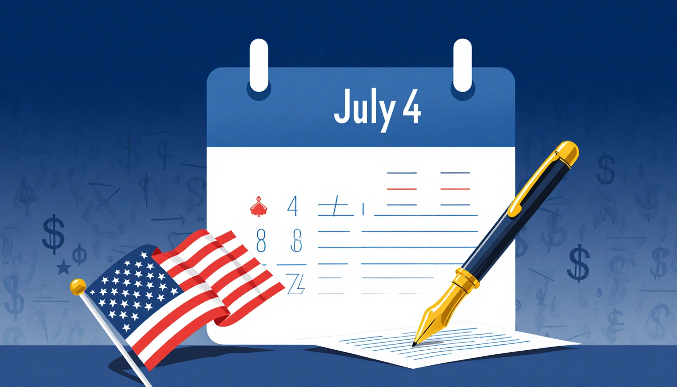 Gold pen signing a document with a giant July 4th calendar and American flag waving in foreground