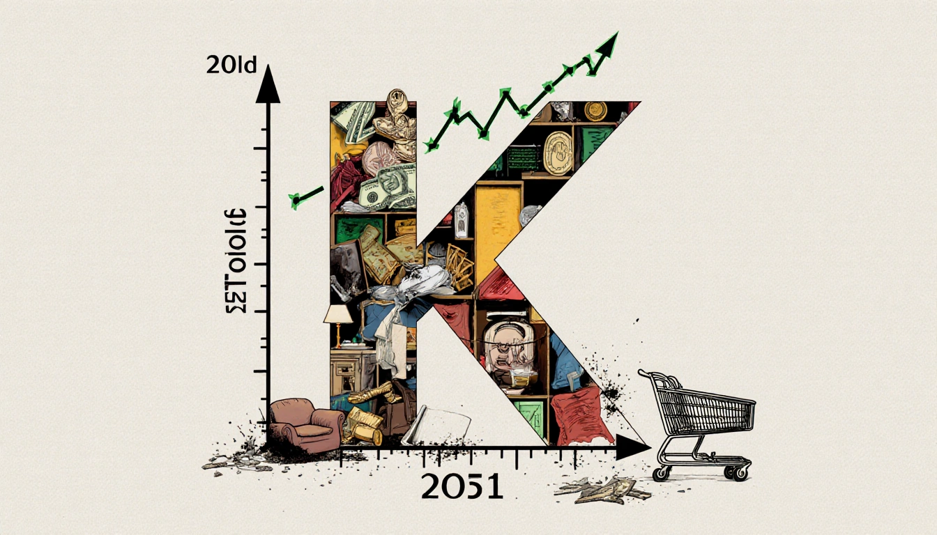 K-shaped graph rises with wealth symbols above and broken furniture below highlighting inequality