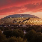 Domed stadium glows golden at sunset with Kansas City Chiefs logo above and arrowhead pattern etched below amid trees