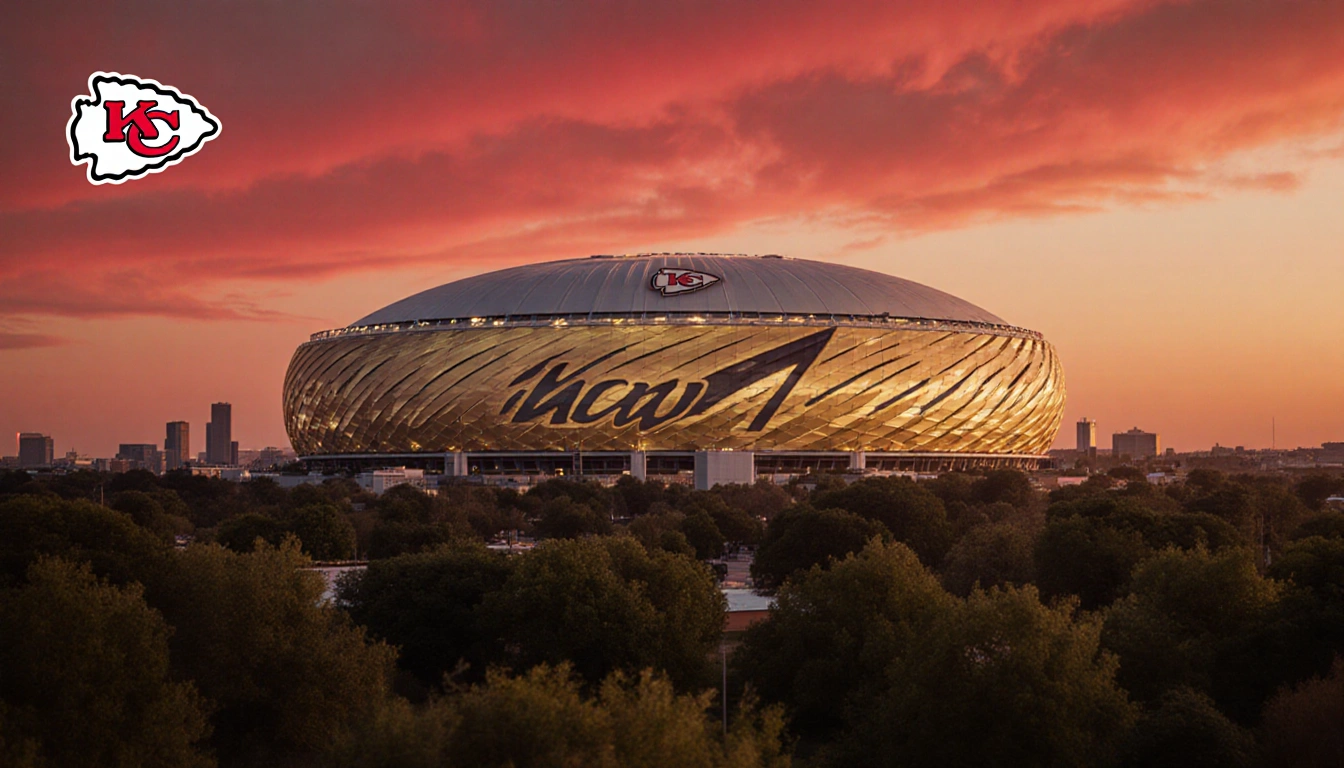 Domed stadium glows golden at sunset with Kansas City Chiefs logo above and arrowhead pattern etched below amid trees