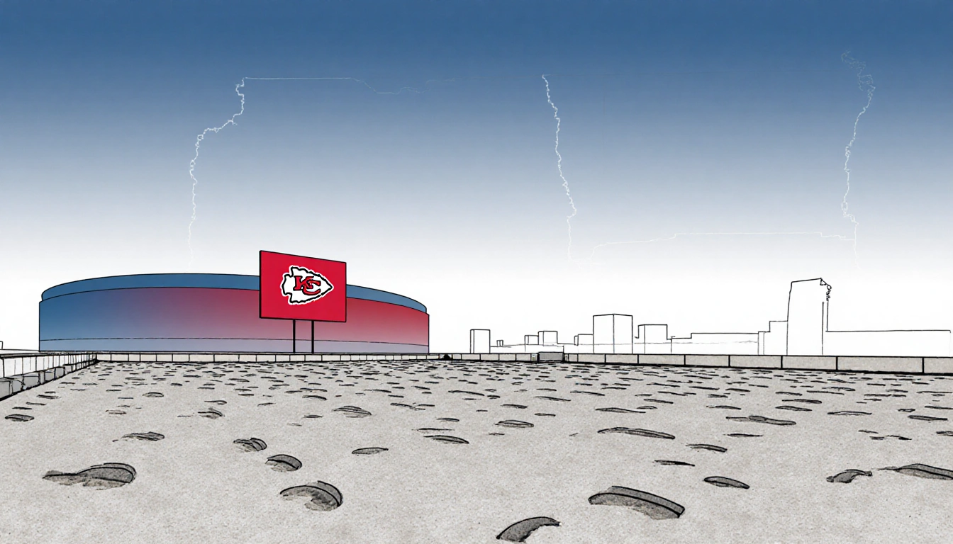 Concrete foundation marks stadium site with Chiefs blue and red gradient backdrop and faint Missouri border in distance.