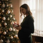 Karoline Leavitt smiling while holding a wrapped gift with a Christmas tree and an ultrasound image displayed.