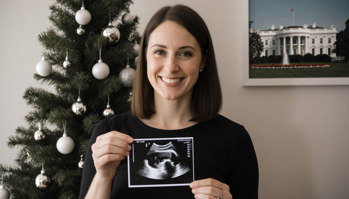 Karoline Leavitt holding an ultrasound image with a minimalist Christmas tree and a subtle White House backdrop