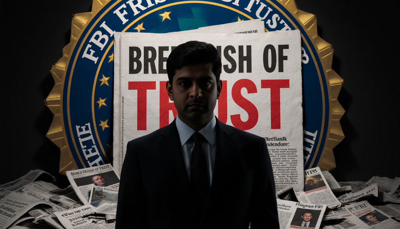 Kash Patel standing in front of FBI logo with a shadow behind headline BREACH OF TRUST and news fragments around him.