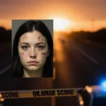 Kata Hay being photographed for a mugshot with a harsh spotlight and police lights near a dark Oklahoma highway at sunset.