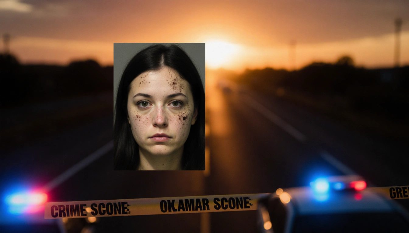 Kata Hay being photographed for a mugshot with a harsh spotlight and police lights near a dark Oklahoma highway at sunset.