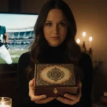 Katie Begley holding a vintage ornate box with candles crystals and rare books glowing in soft golden light