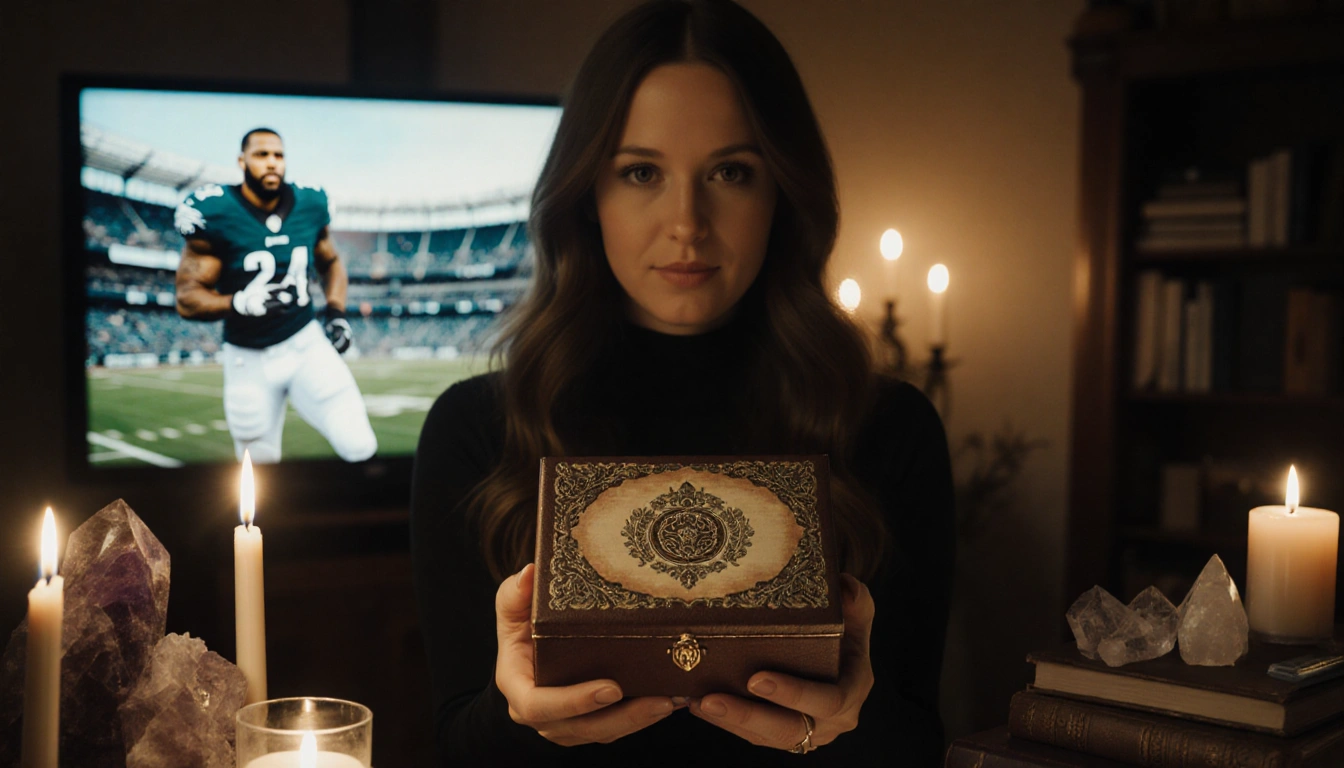Katie Begley holding a vintage ornate box with candles crystals and rare books glowing in soft golden light