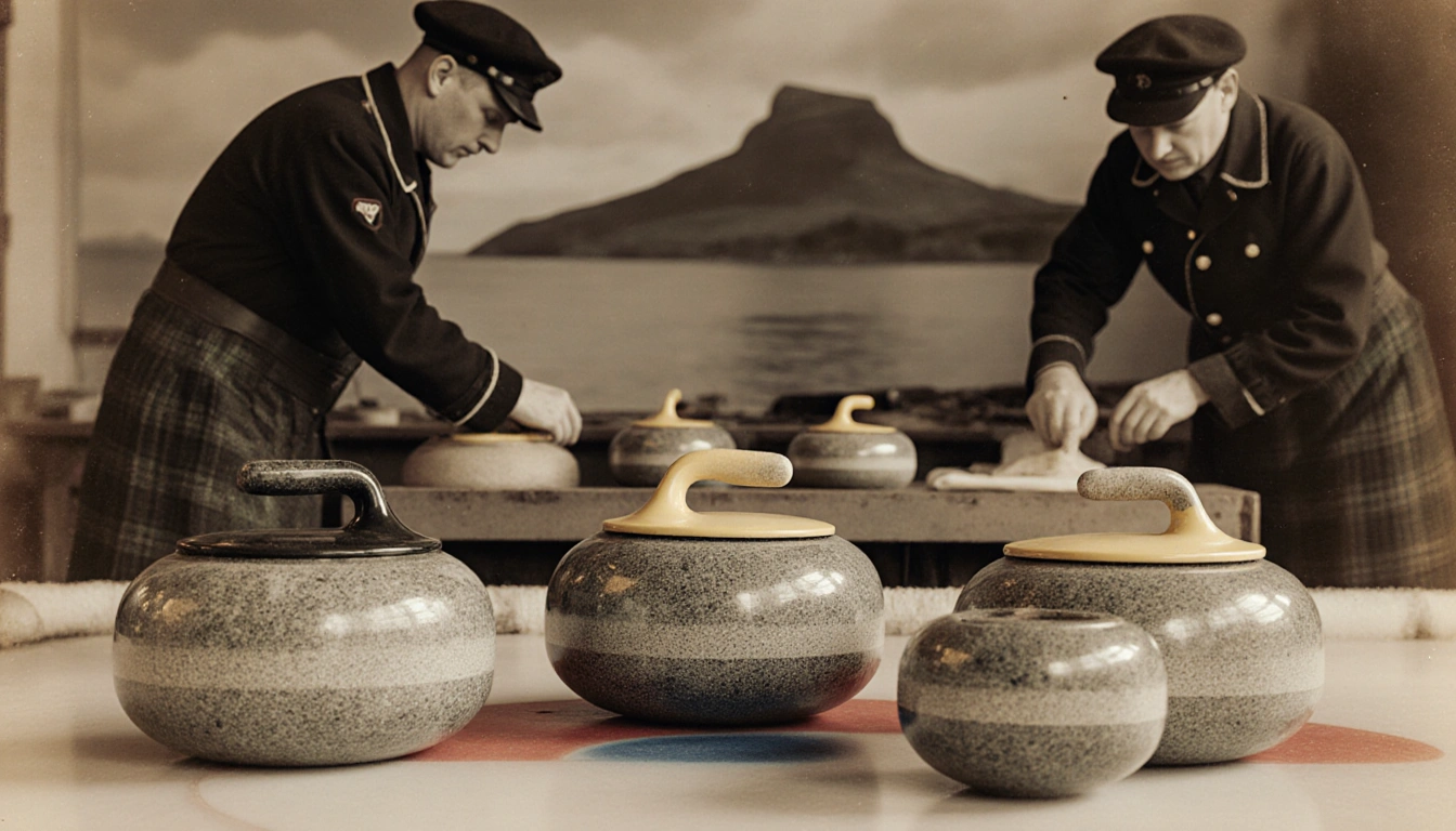 Craftsmen shaping curling stones with Ailsa Craig background and finished Olympic stones on display
