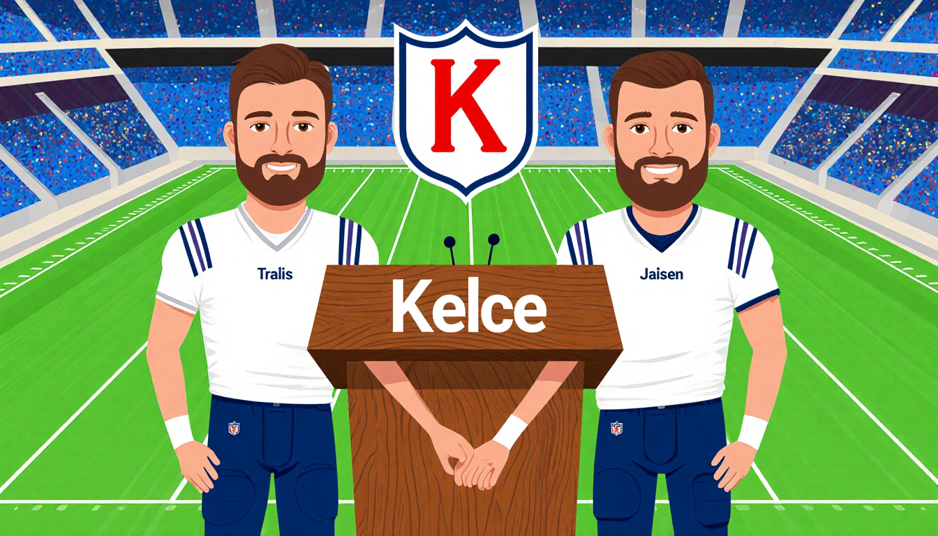 Travis and Jason Kelce standing holding hands with a Kelce crest above a wooden podium and an NFL football field background.