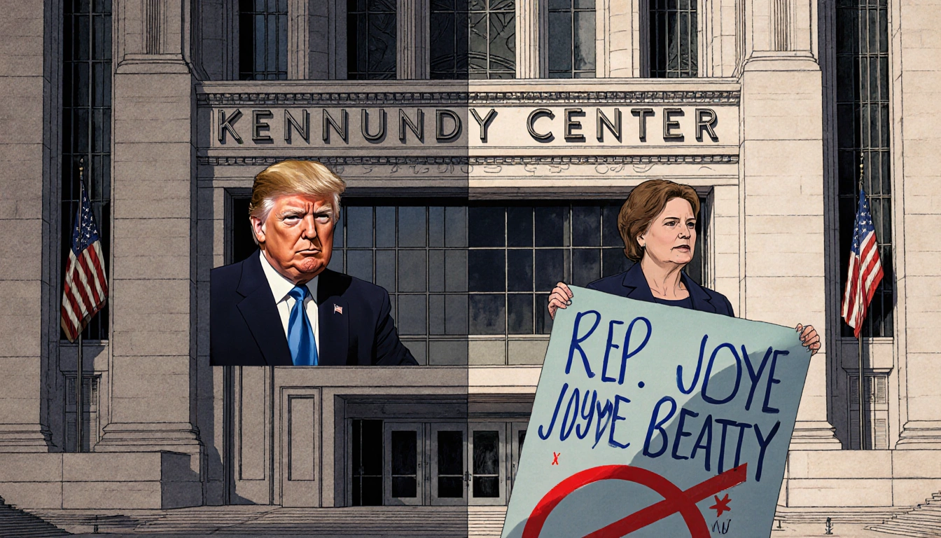 Kennedy Center exterior shows Donald Trump's name with faded crossed out background and a protest sign featuring Rep Joyce Be