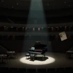 Grand piano reflects dim spotlight with empty chairs and crooked poster in background