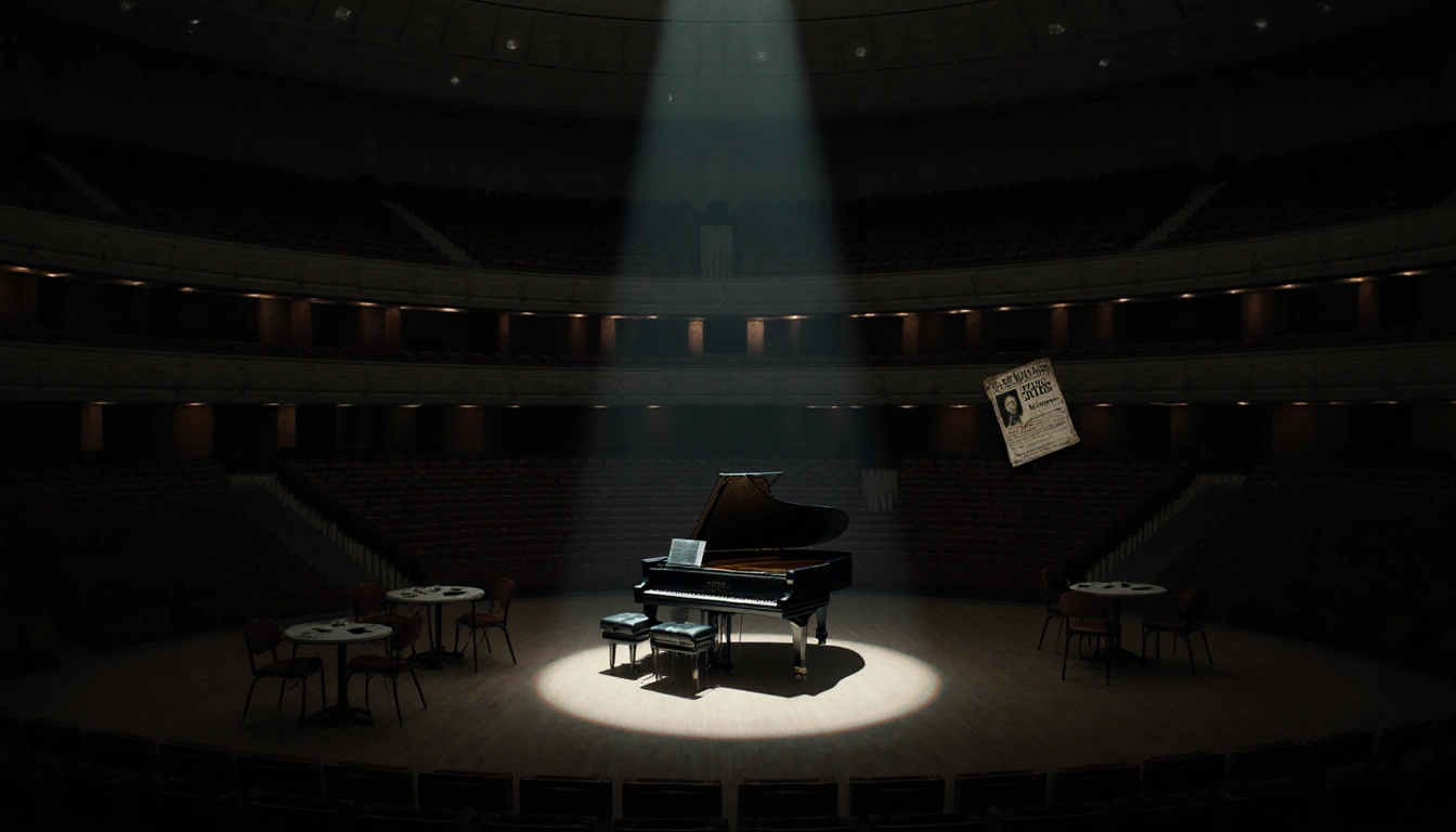 Grand piano reflects dim spotlight with empty chairs and crooked poster in background