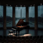 Grand piano reflects dim spotlights with empty chairs and faint Washington Monument in the concert hall