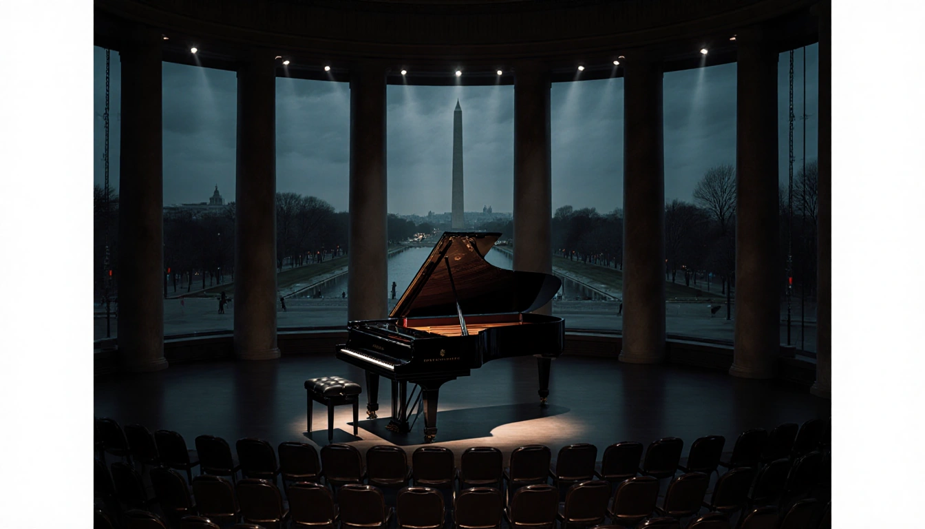 Grand piano reflects dim spotlights with empty chairs and faint Washington Monument in the concert hall