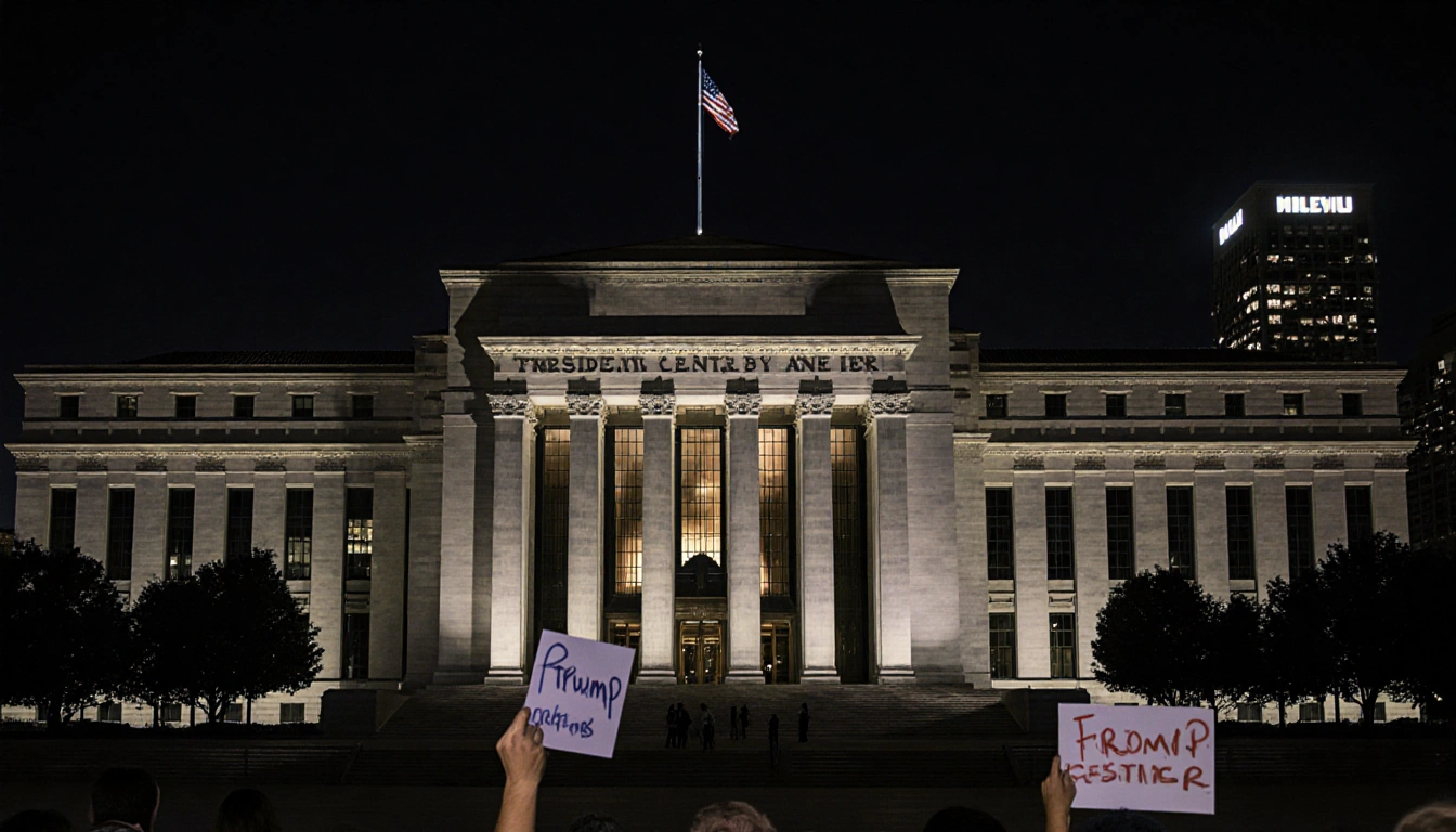 Protesters shouting with signs at night near Kennedy Center with Trump name on facade