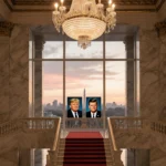 Red carpet staircase leading up to balcony with portraits of Trump and Kennedy and chandelier in foyer