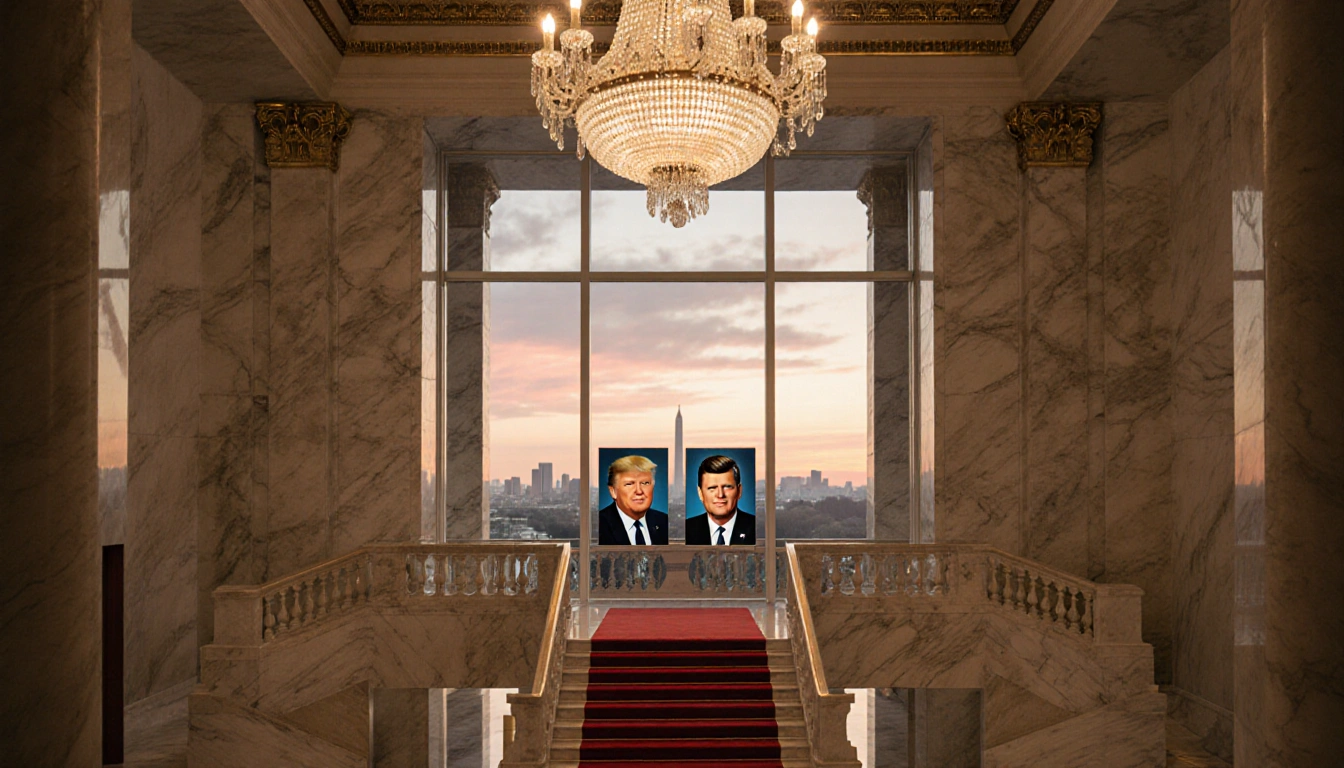 Red carpet staircase leading up to balcony with portraits of Trump and Kennedy and chandelier in foyer