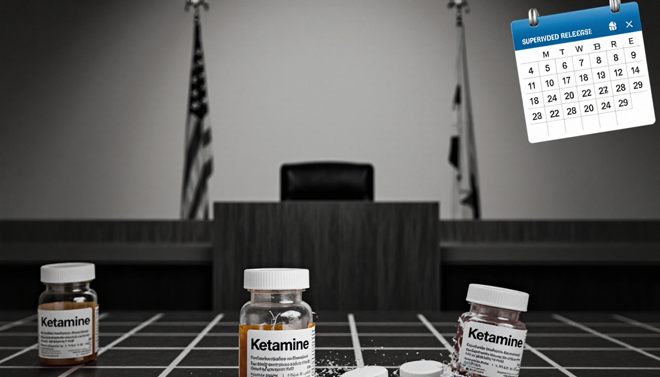 Judge's bench stands in courtroom with grid of rectangles showing 8-month sentence and two ketamine bottles one broken.