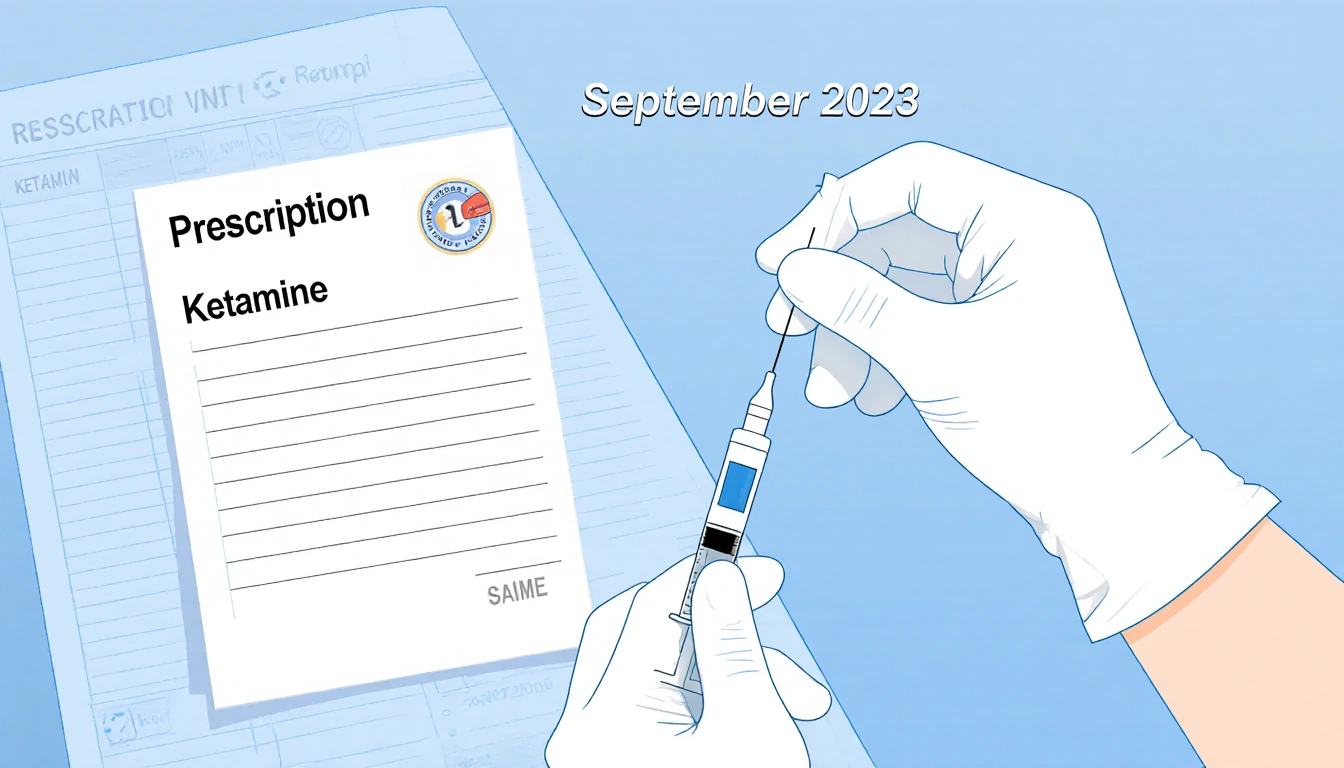 Gloves holding a ketamine syringe with a subtle gradient and a split-screen showing a prescription pad on a blue background.