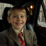 Young Kevin McCallister laughing in a luxury limousine with festive balloons and the Plaza Hotel skyline behind him