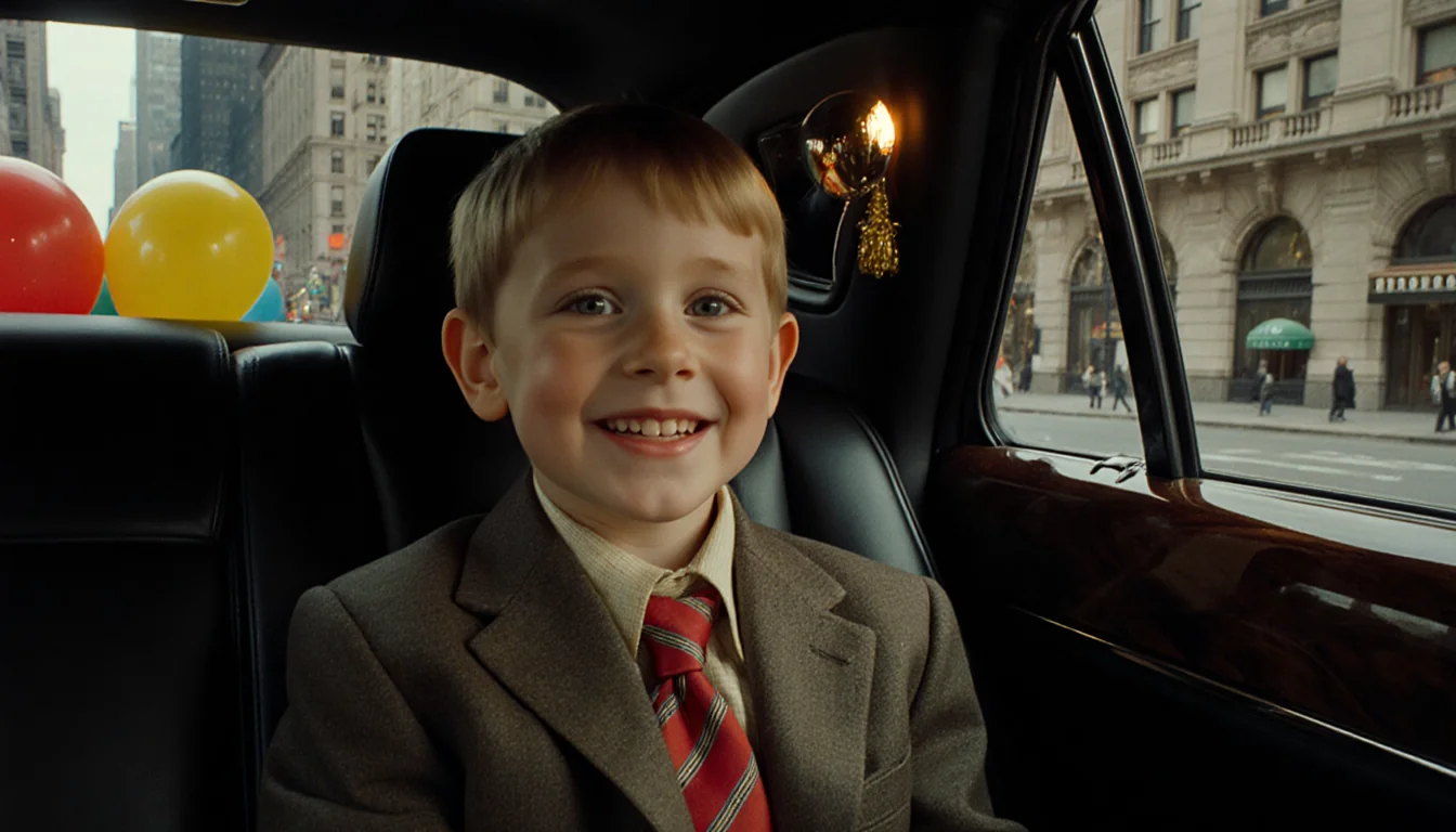 Young Kevin McCallister laughing in a luxury limousine with festive balloons and the Plaza Hotel skyline behind him