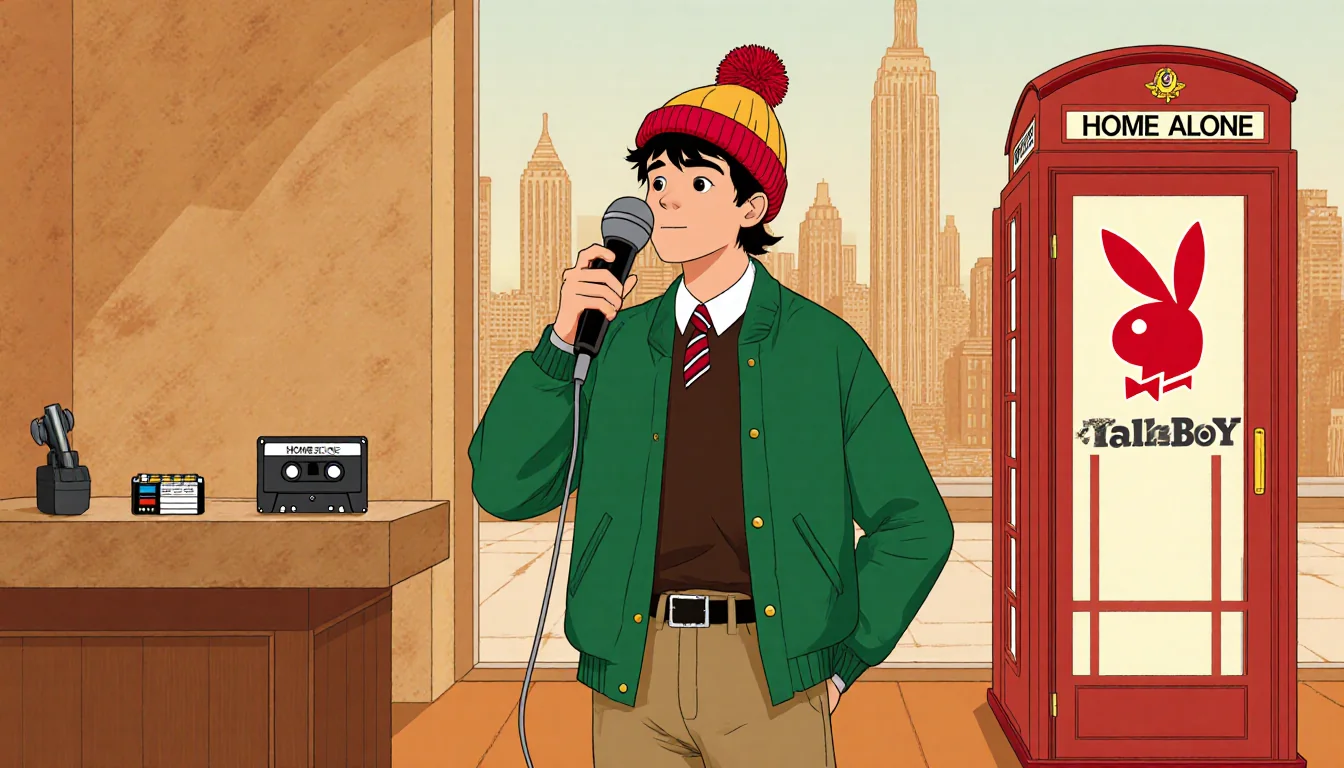 Kevin in green jacket and khaki pants holds a Talkboy microphone with a Home Alone phone booth and cassette tape on counter.