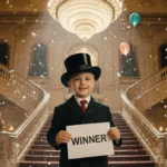 Boy triumphantly holding a Winner sign with Plaza Hotel lights and confetti while family watches