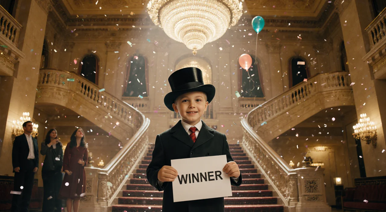Boy triumphantly holding a Winner sign with Plaza Hotel lights and confetti while family watches